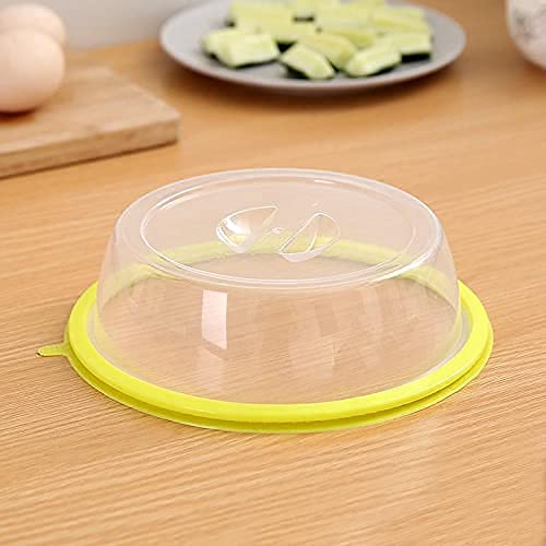 Microwave food cover splatter lid in clear plastic with a yellow rim for mess-free microwaving
