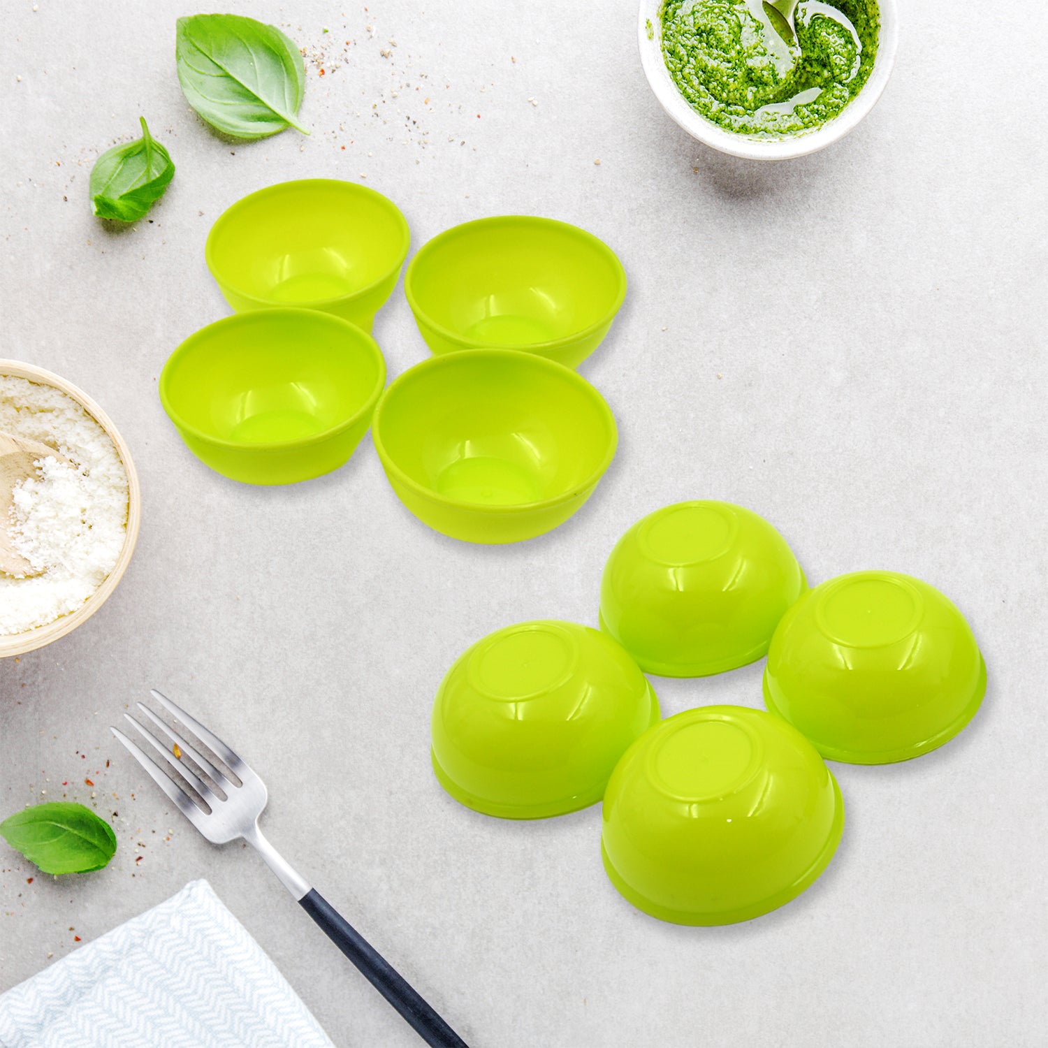 Microwave safe plastic bowls set in bright green, perfect for meal prep and serving snacks