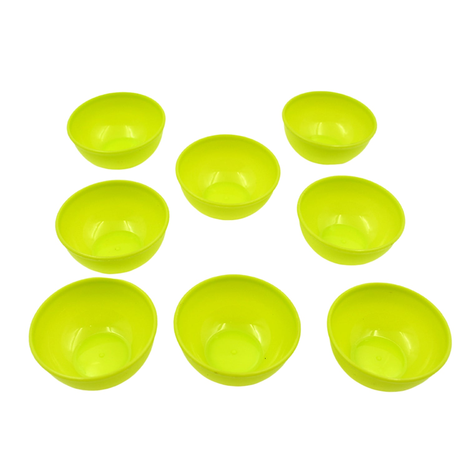 Set of eight bright green microwave safe plastic bowls for convenient food storage and serving