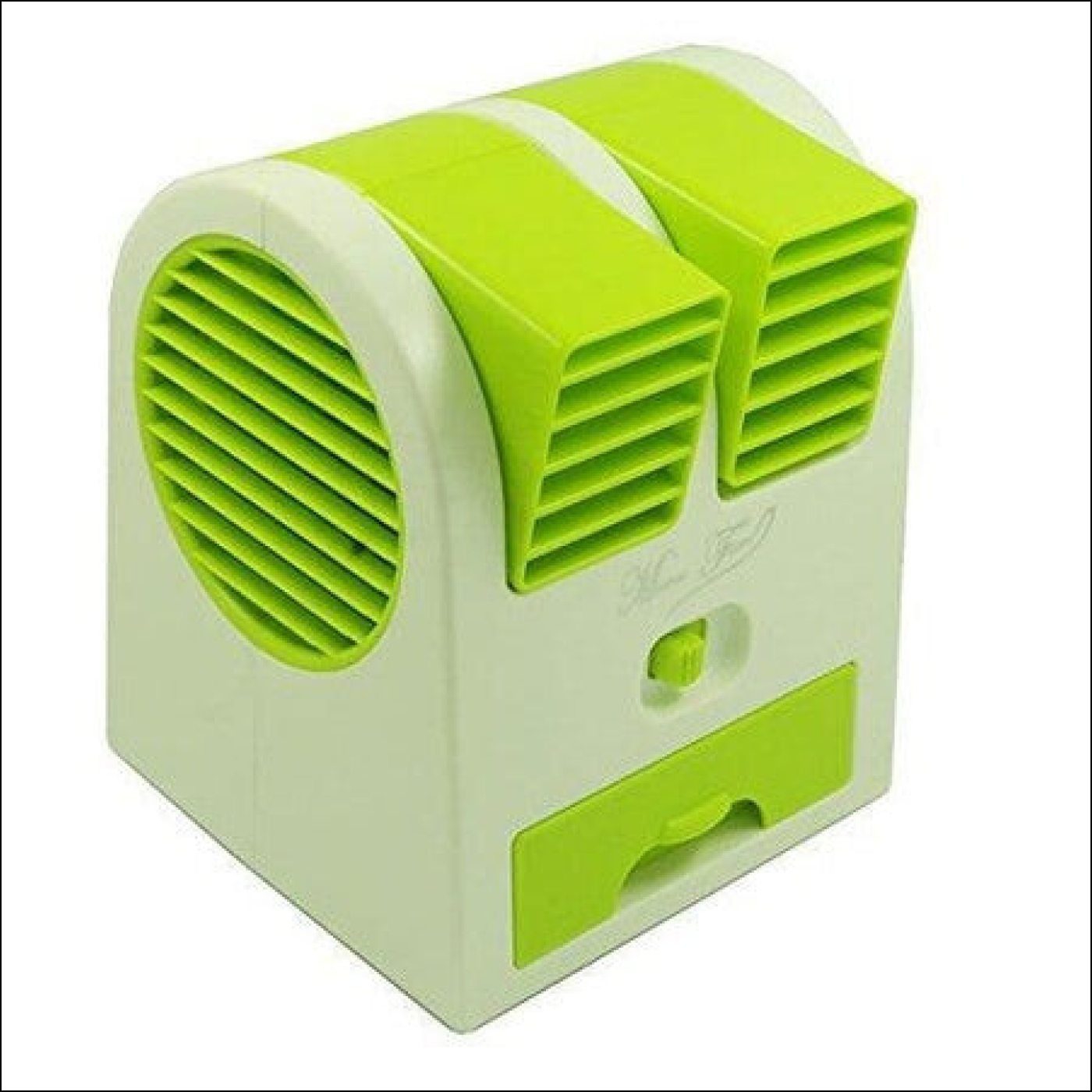 Compact green mini air conditioner for home with dual air vents for efficient cooling