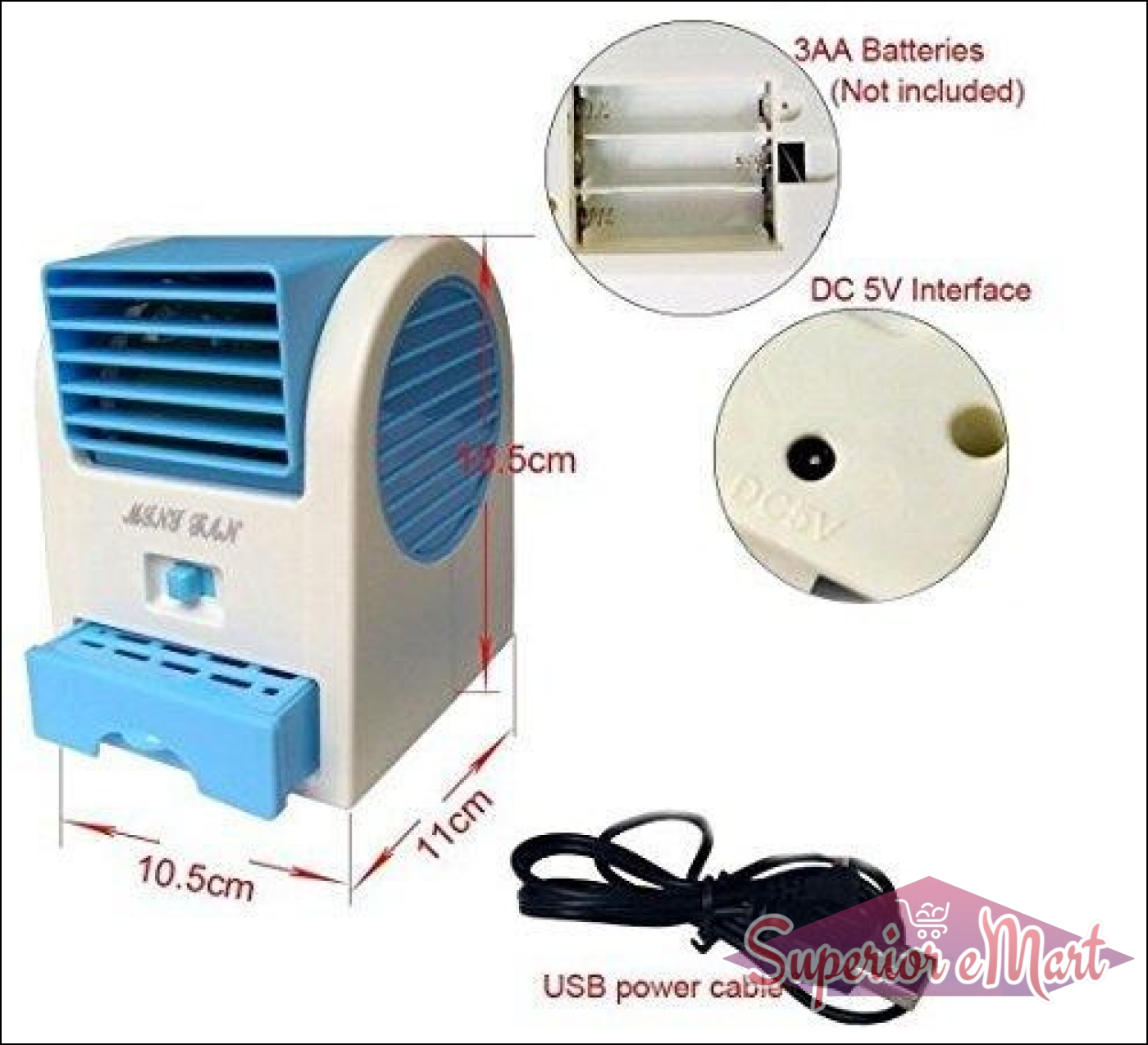 Mini air conditioner for home with USB power cable and battery compartment for portability