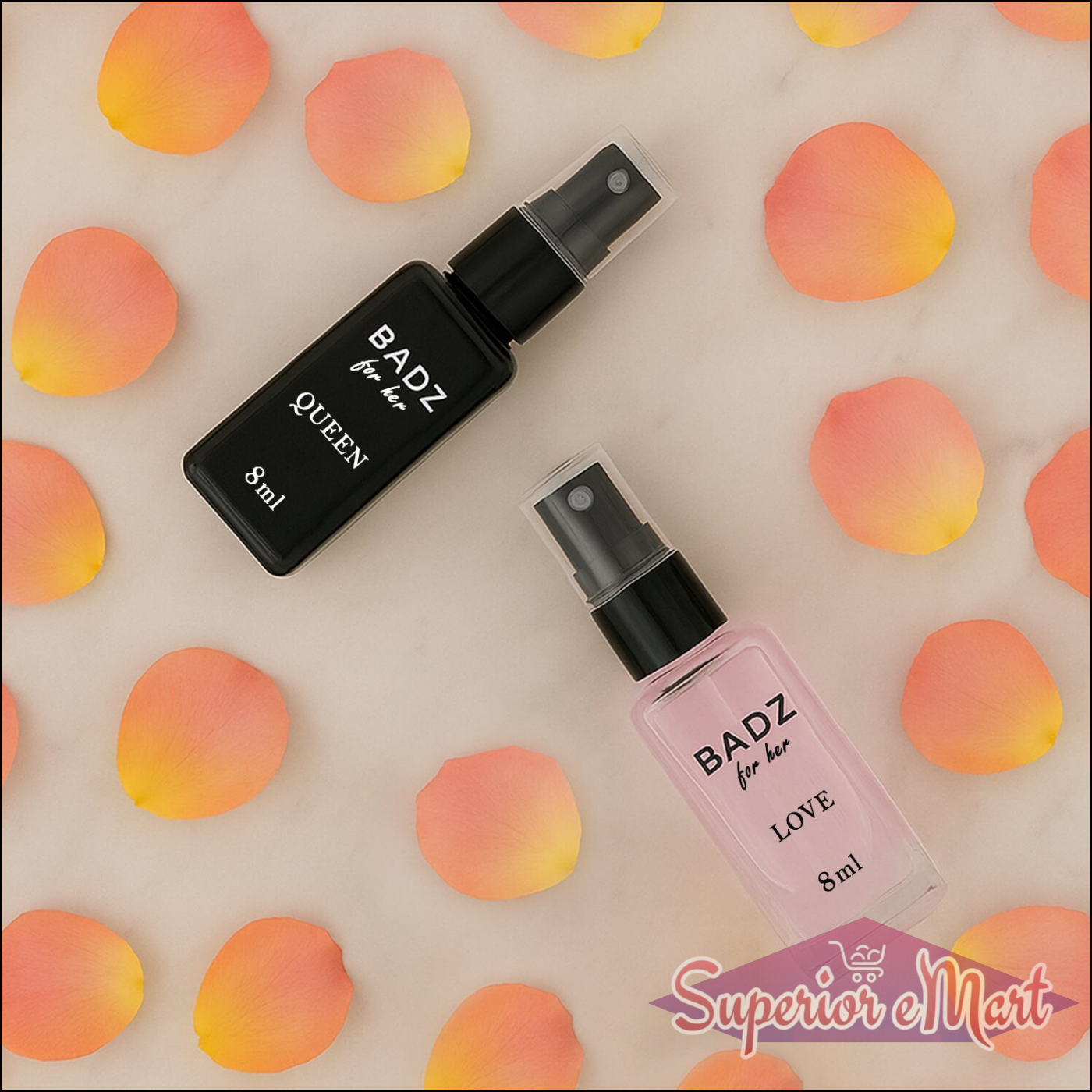 Mini perfume spray set featuring BADZ Queen and BADZ Love in stylish bottles on a petal background