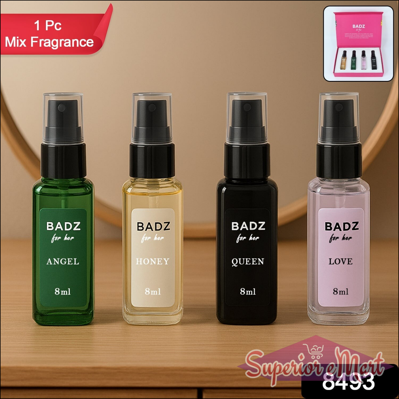 Mini perfume spray set featuring four 8ml fragrances: Angel, Honey, Queen, and Love in stylish bottles