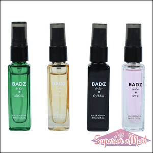 Mini perfume spray set featuring four scents: Angel, Honey, Queen, and Love in stylish bottles