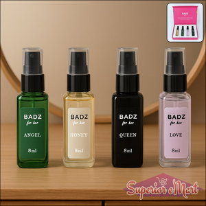 Mini perfume spray set with four 8ml bottles: Angel, Honey, Queen, and Love in stylish packaging