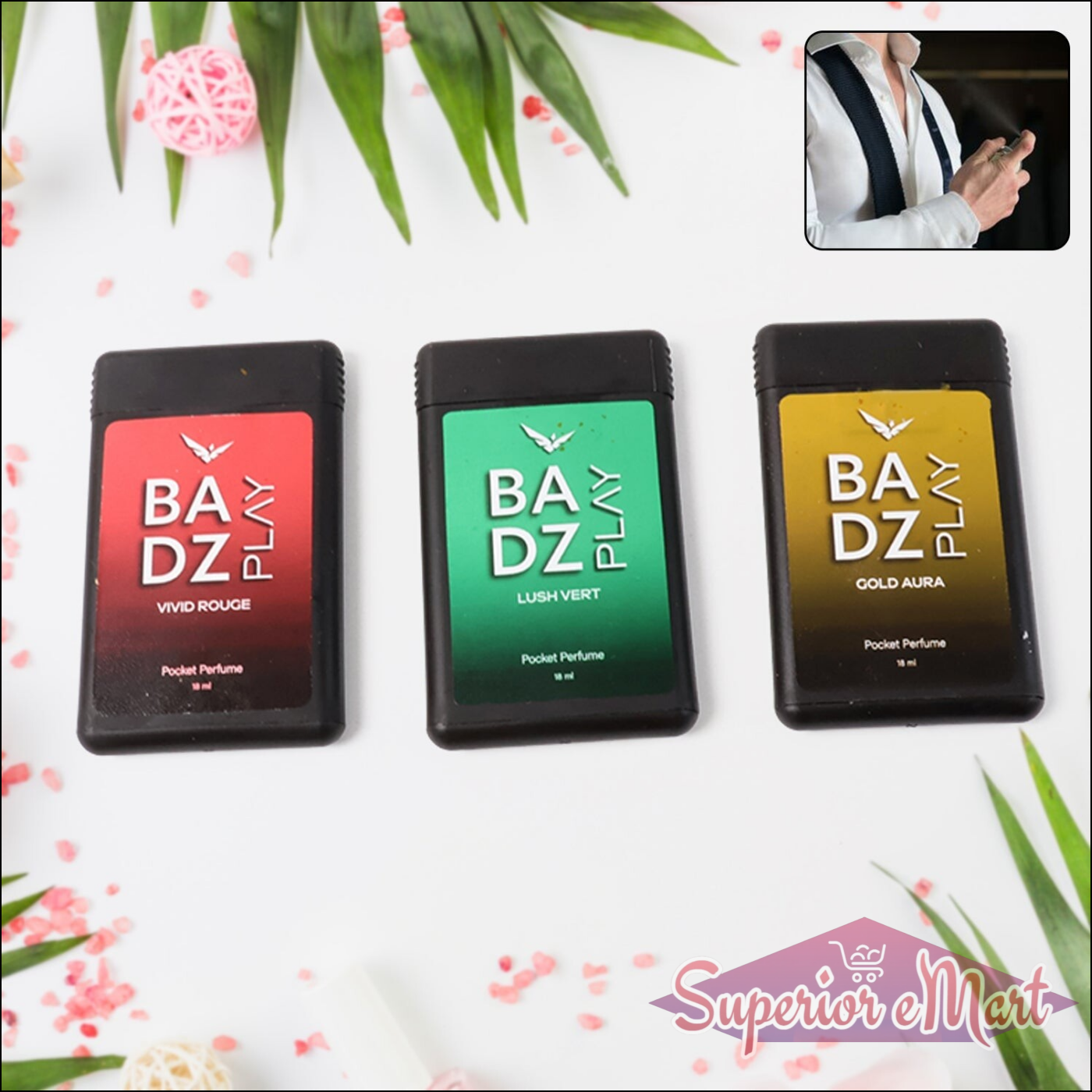 Set of three BA DZ Play mini pocket perfume bottles in Vivid Rogue, Lush Vert, and Gold Aura