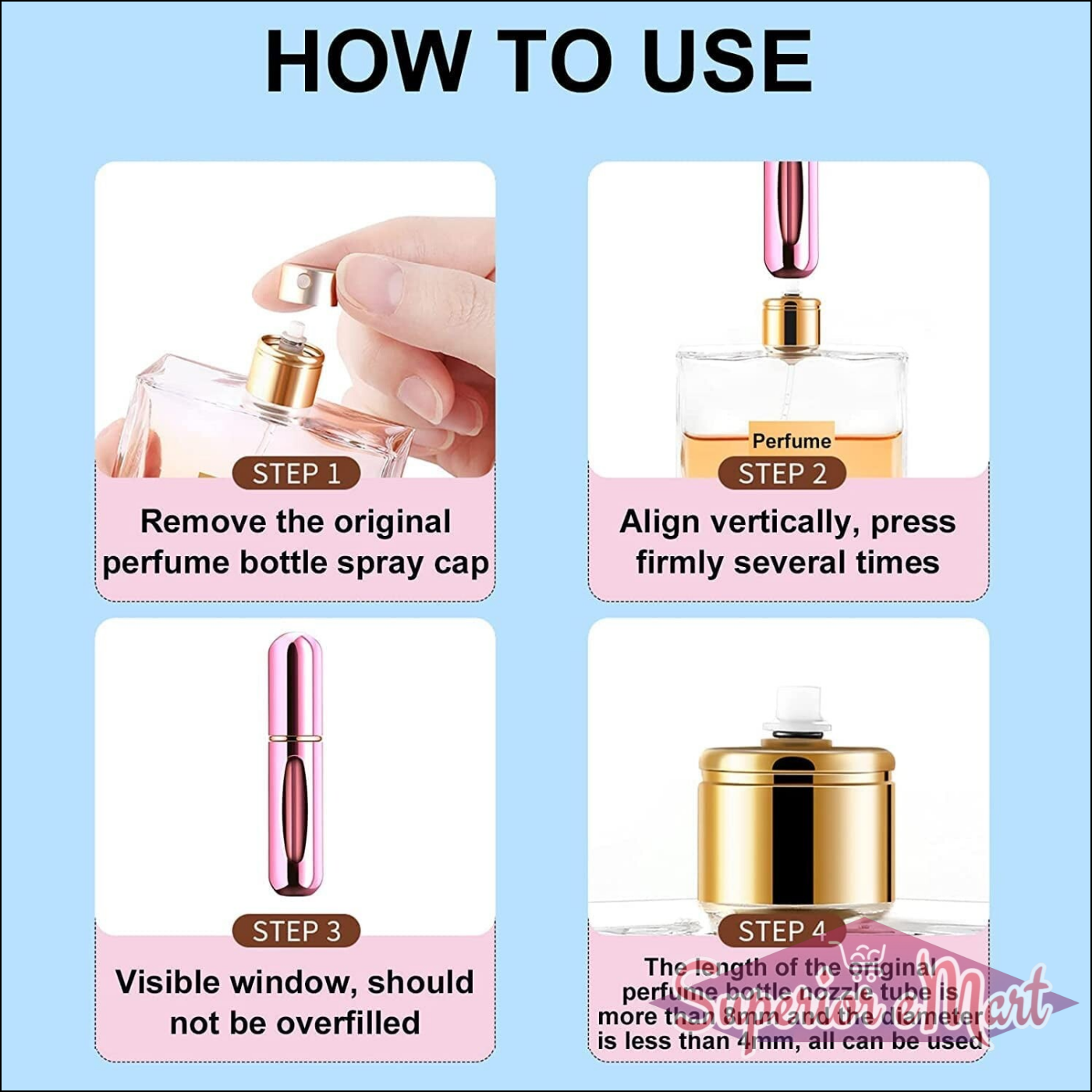 Instructions for using a portable perfume spray bottle with steps for easy filling and usage