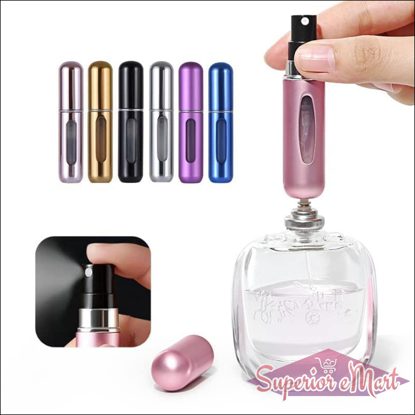 Collection of portable perfume spray bottles in various colors for easy on-the-go fragrance application