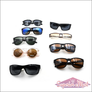 Assorted UV protection sunglasses for men and women in various styles and colors on display