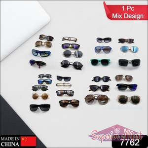 Assorted UV protection sunglasses for men and women in various designs and colors on a display
