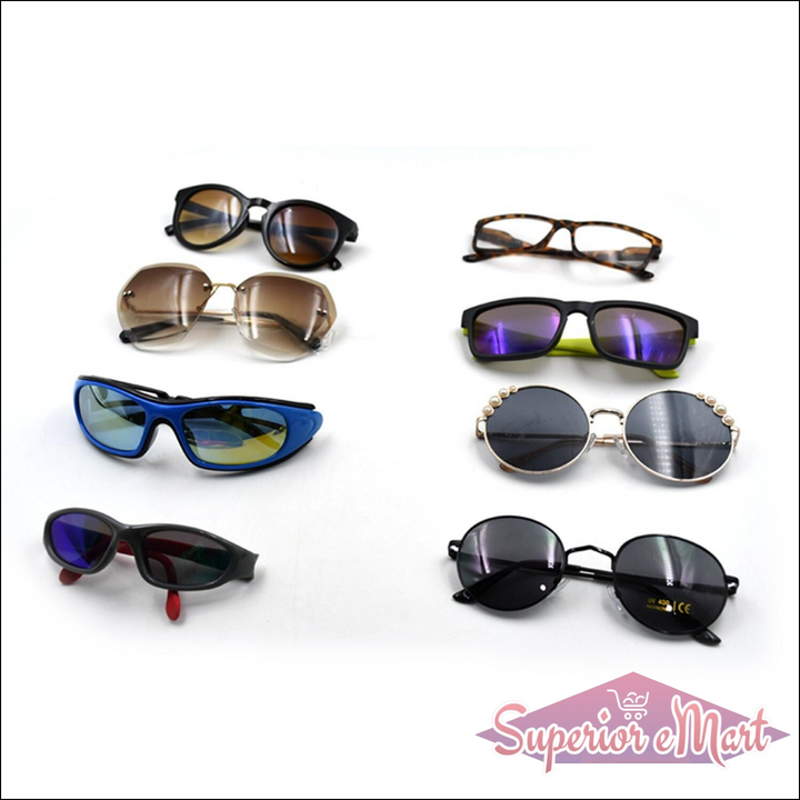 Variety of stylish UV protection sunglasses for men and women displayed in different styles and colors