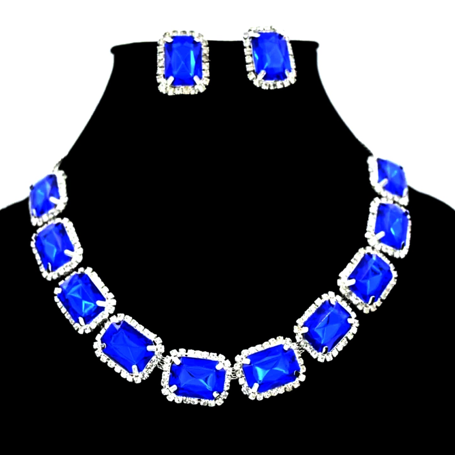 Elegant mixed color jewelry set featuring a bold blue necklace with matching earrings