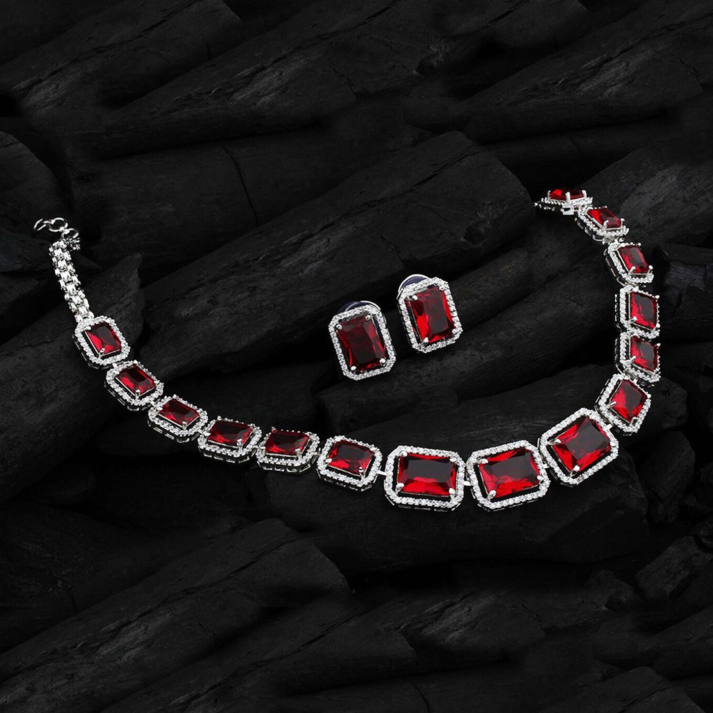 Superior eMart mixed color jewelry set featuring a sparkling ruby necklace and matching earrings