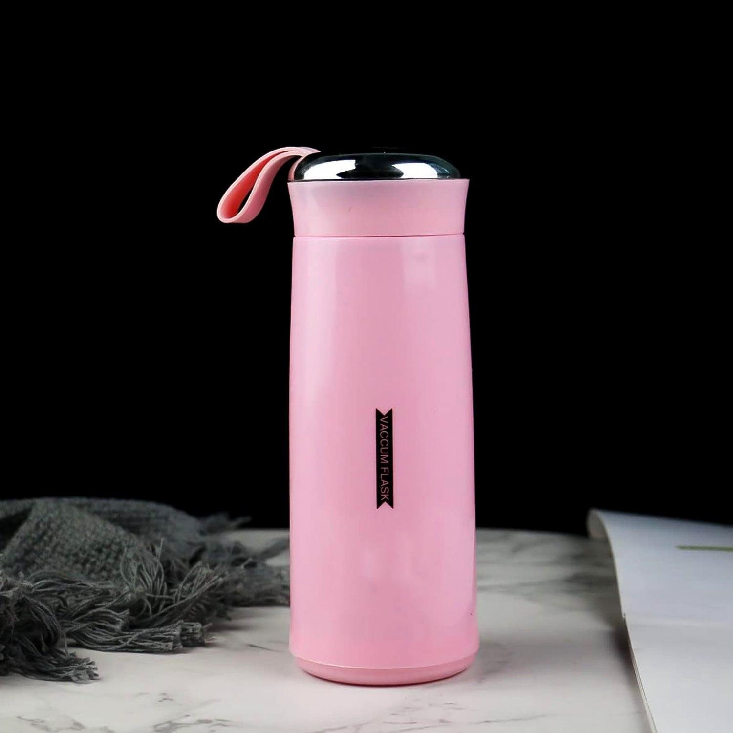 Pink leak proof glass water bottle with a stainless steel lid for safe hydration
