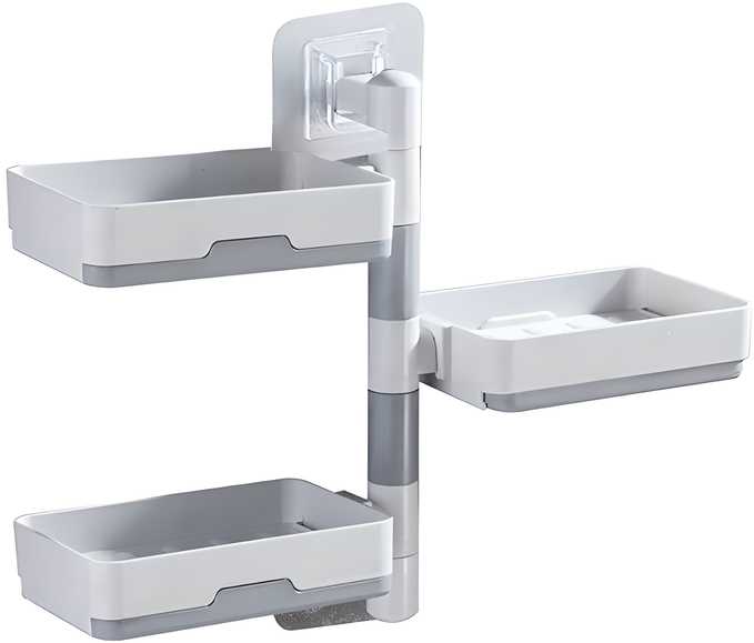 Wall mounted soap dish holder with three white and gray trays for bathroom storage