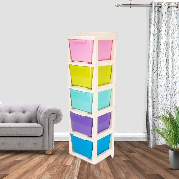 Colorful modular drawer storage system with stacked bins for organizing home spaces