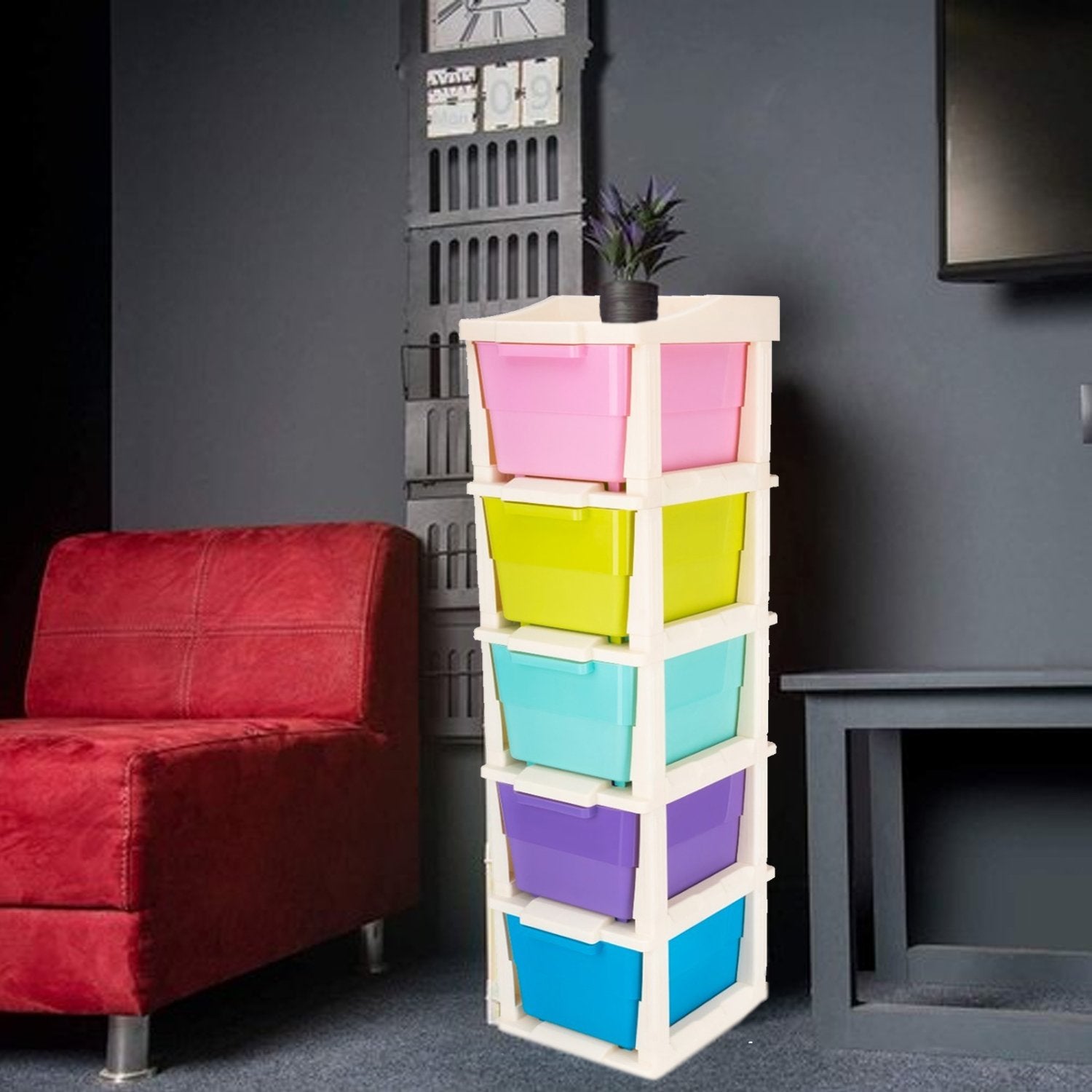 Colorful modular drawer storage system with six bins for organizing home and kitchen spaces