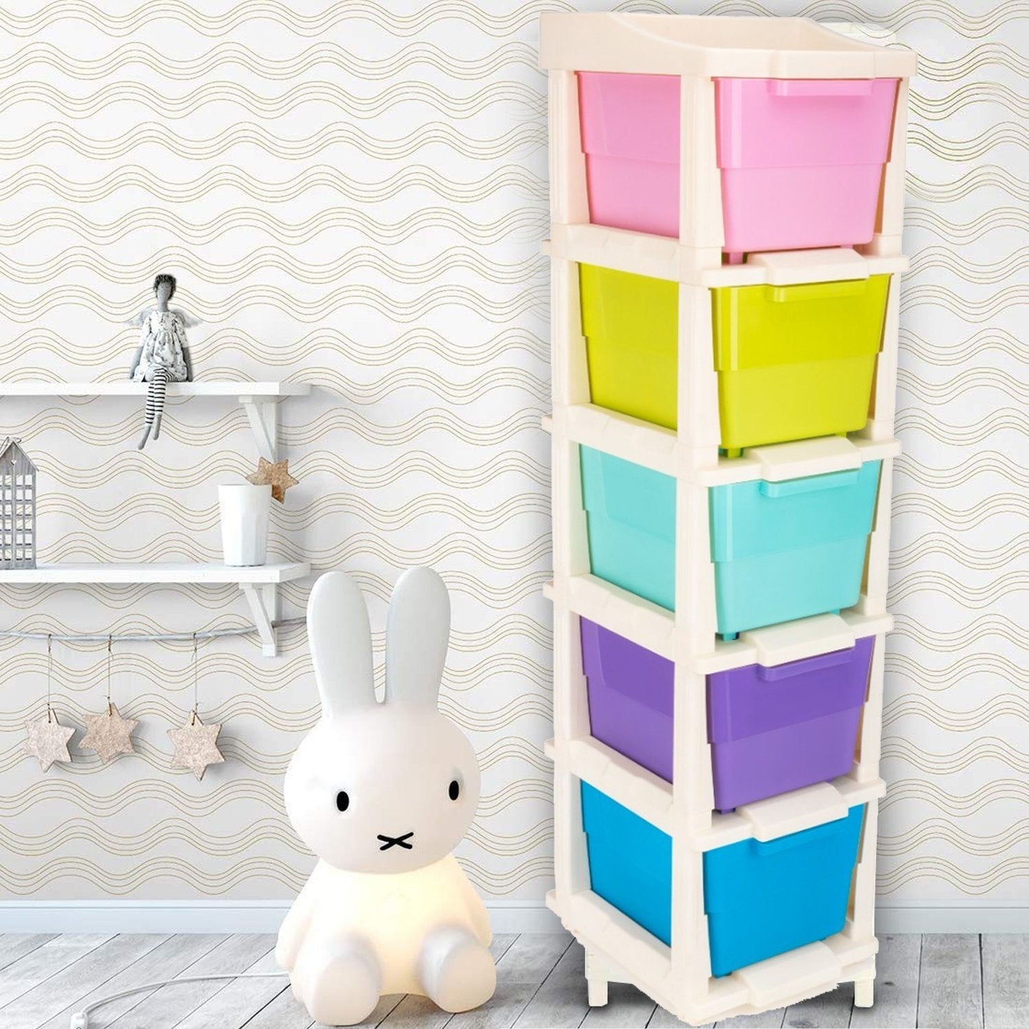 Colorful modular drawer storage system with multiple bins for organizing home spaces