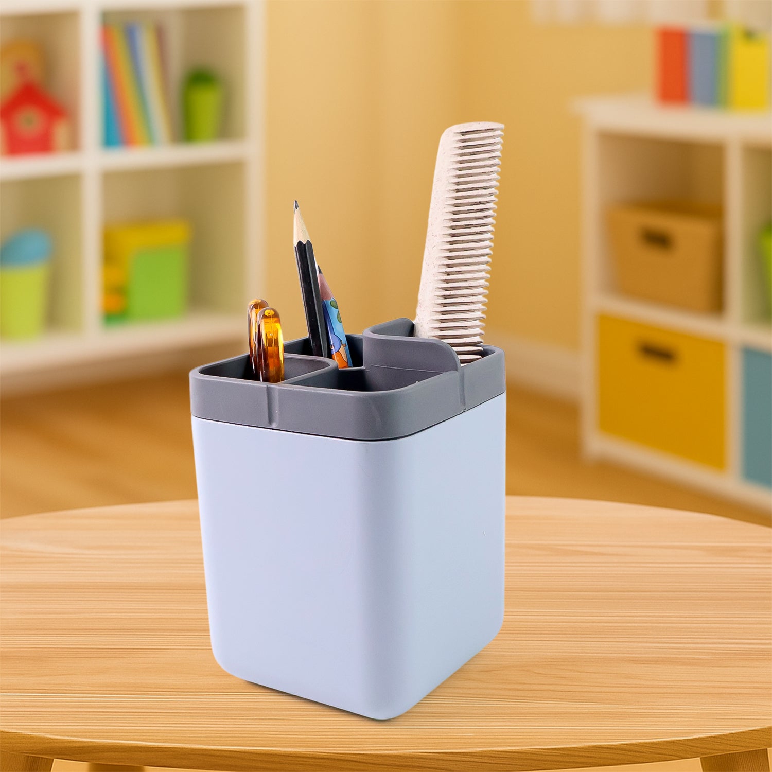 Superior eMart multi compartment desk organizer in light blue with gray top holding pencils and comb