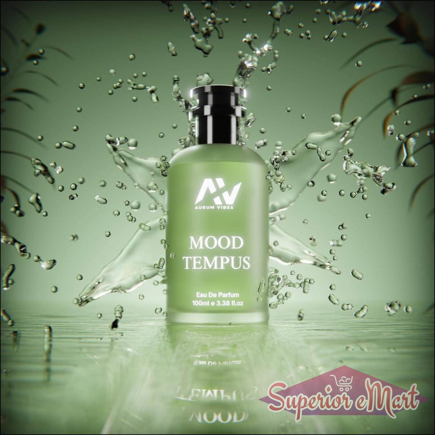 Mood Tempus unisex perfume 100ml in a green bottle with splash effect for refreshing fragrance