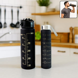 Motivational water bottle set in sleek black design for hydration and inspiration throughout the day