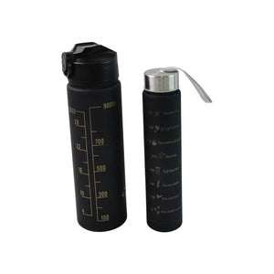 Motivational water bottle set with measurement markers for hydration and inspiration on the go