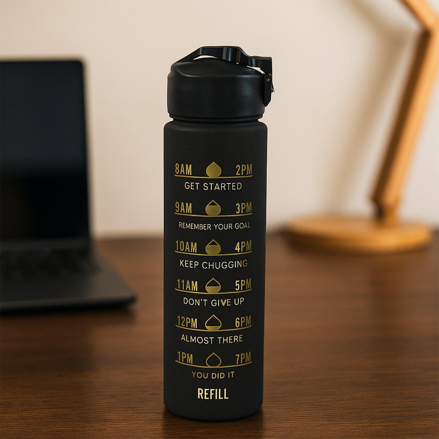Motivational water bottle set with time markers to encourage hydration throughout the day