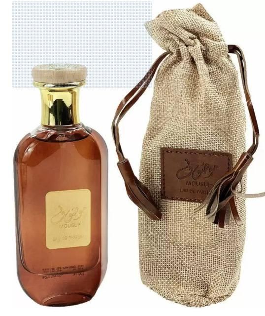 Mousuf inspired unisex perfume in a stylish bottle with a burlap pouch for storage
