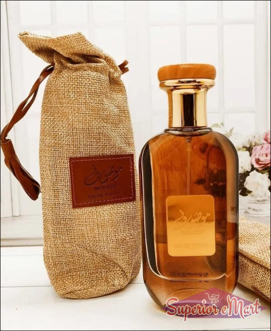 Mousuf inspired unisex perfume in elegant bottle with natural cork cap and decorative packaging