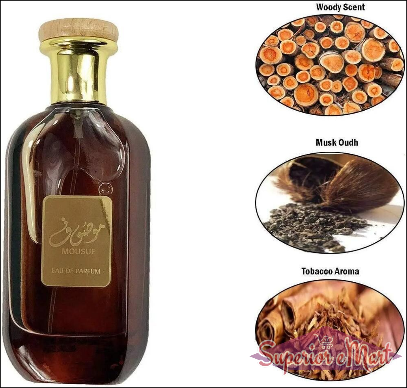 Mousuf inspired unisex perfume in a stylish bottle highlighting woody scent and tobacco aroma