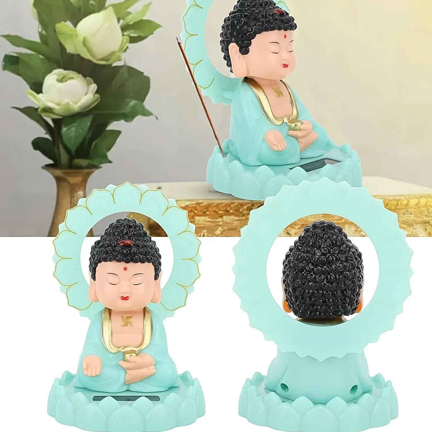 Decorative moving head Buddha ornament in pastel colors for calming home decor and meditation spaces