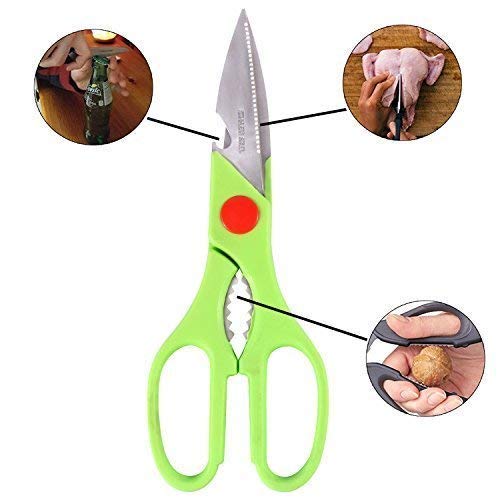 Green multi-function kitchen scissors designed for cutting, opening bottles, and peeling nuts