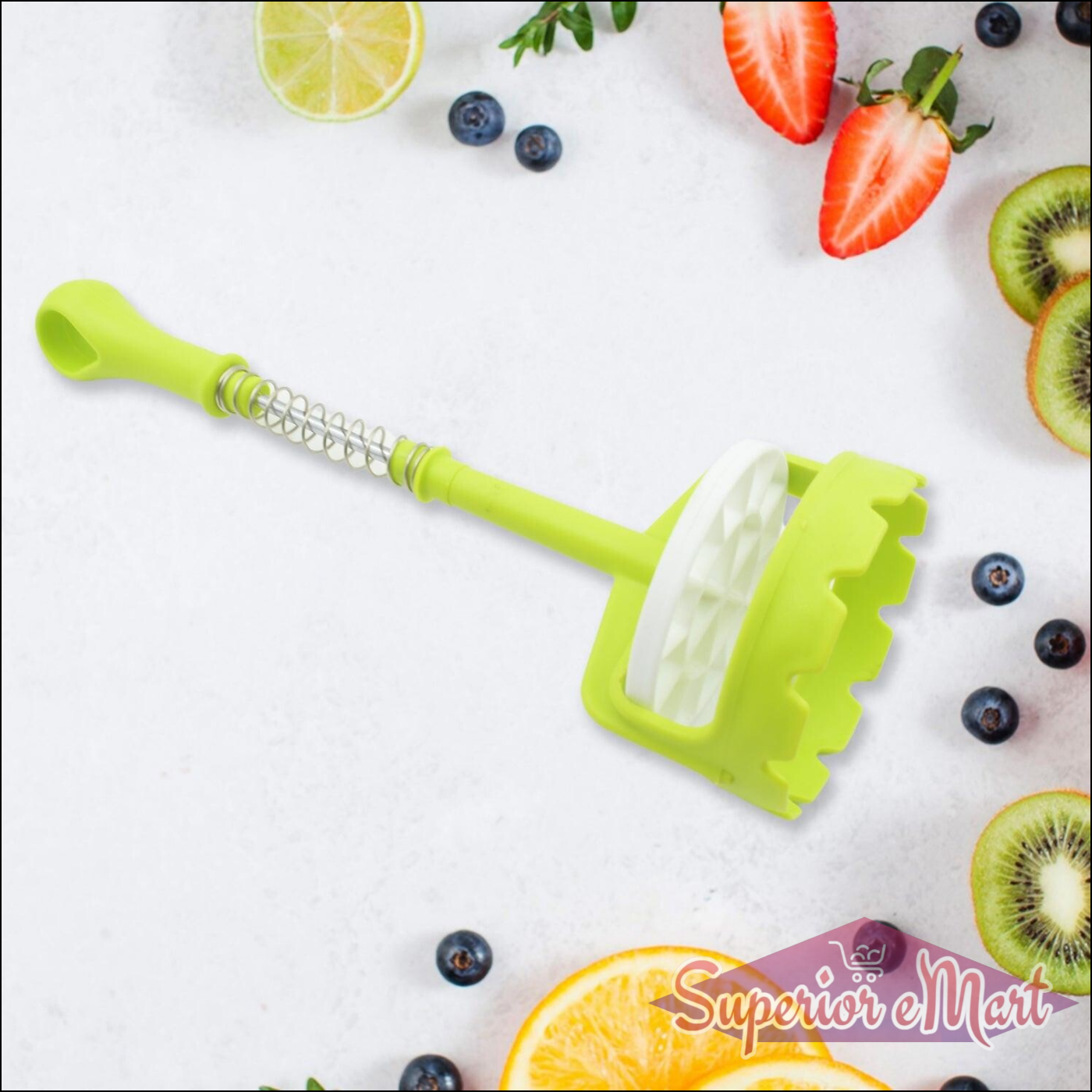 Superior eMart one-handed potato masher in green for easy mashing of potatoes and fruits