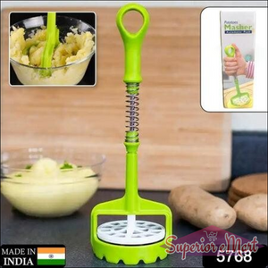 Green one-handed potato masher with ergonomic handle for easy mashing and meal prep