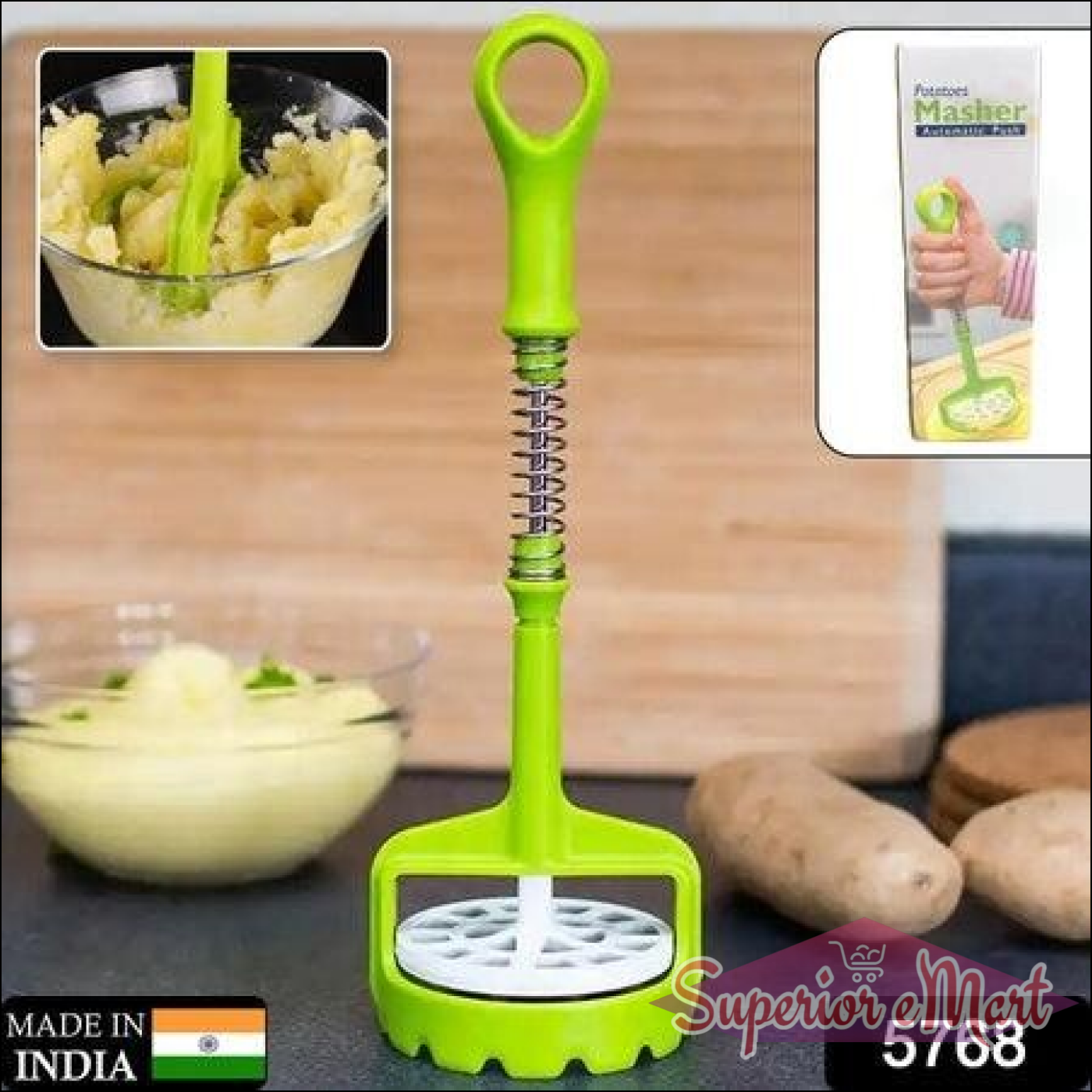 Green one-handed potato masher with ergonomic handle for easy mashing and meal prep