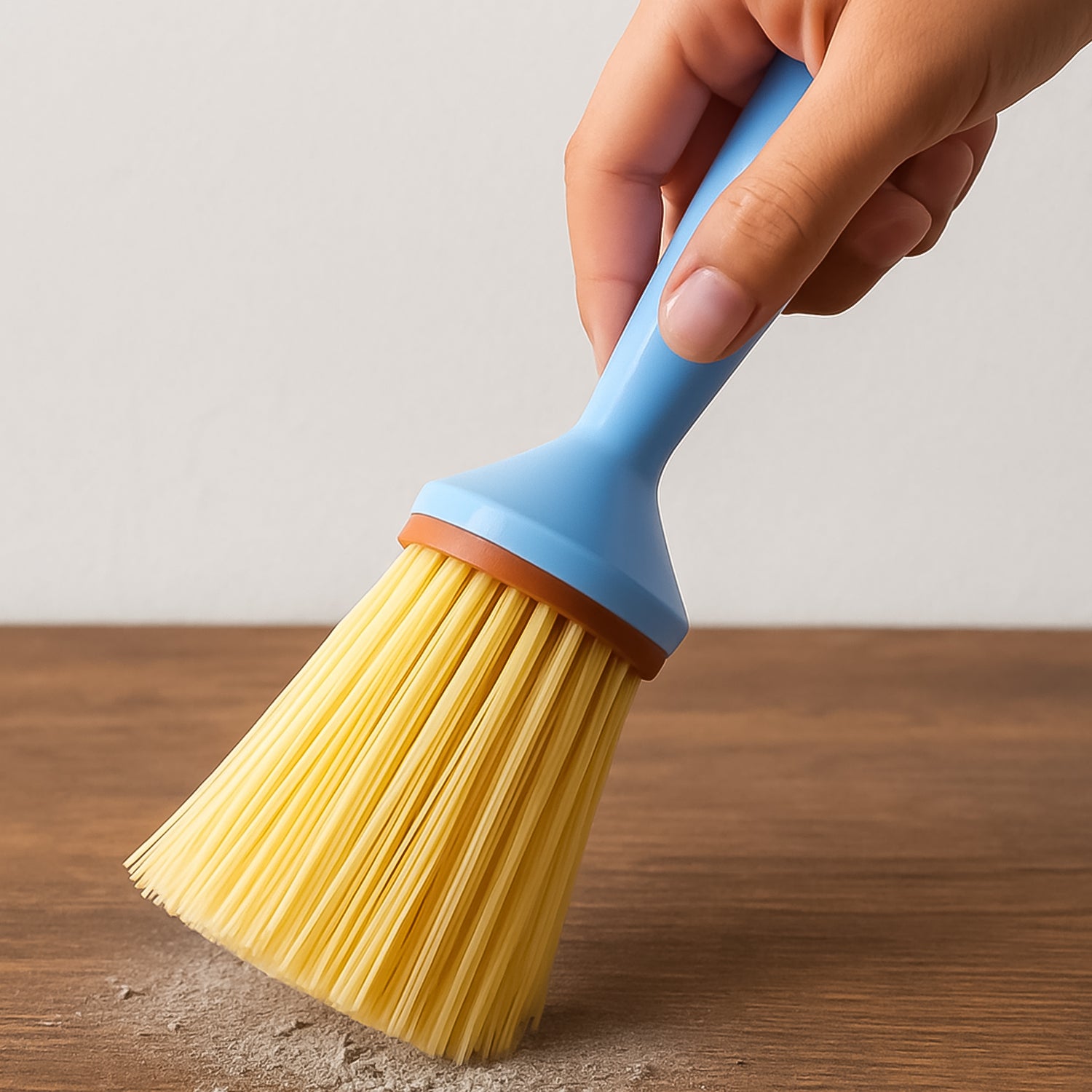 Superior eMart multi-purpose cleaning brush with blue handle and yellow bristles cleaning wooden surface