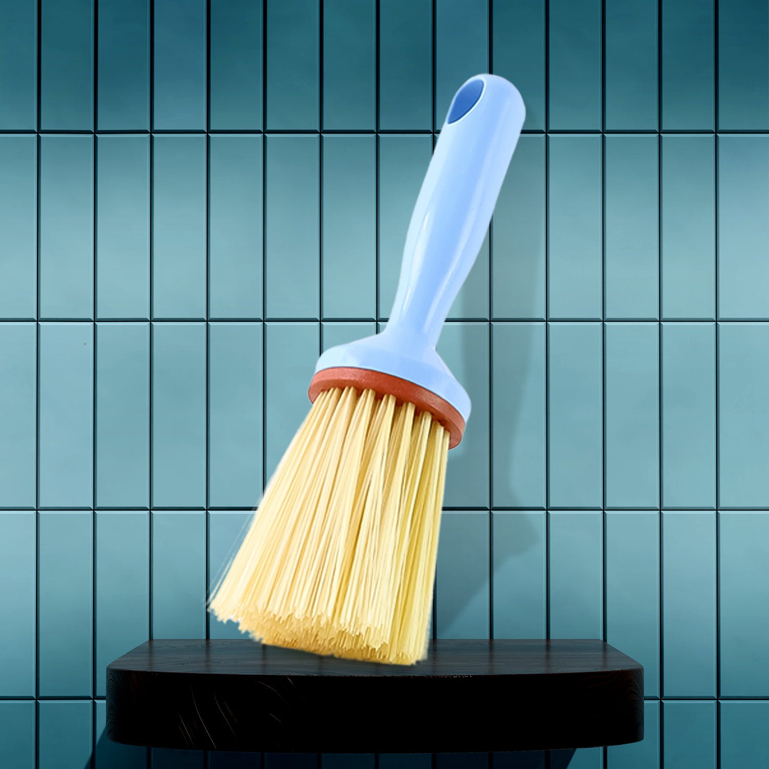 Superior eMart multi-purpose cleaning brush with blue handle and stiff yellow bristles on black surface
