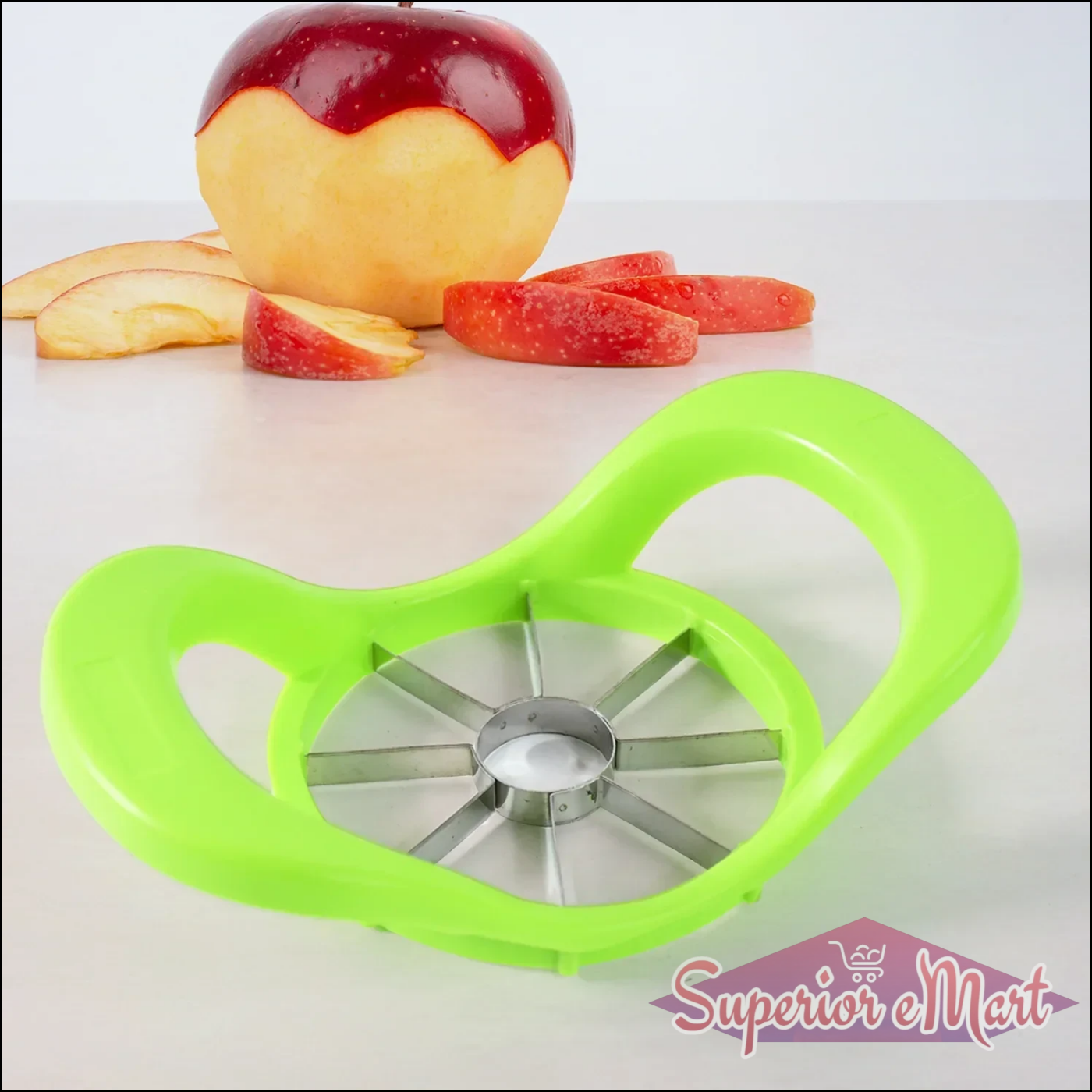 Green fruit slicer apple cutter with stainless steel blades for easy apple slicing