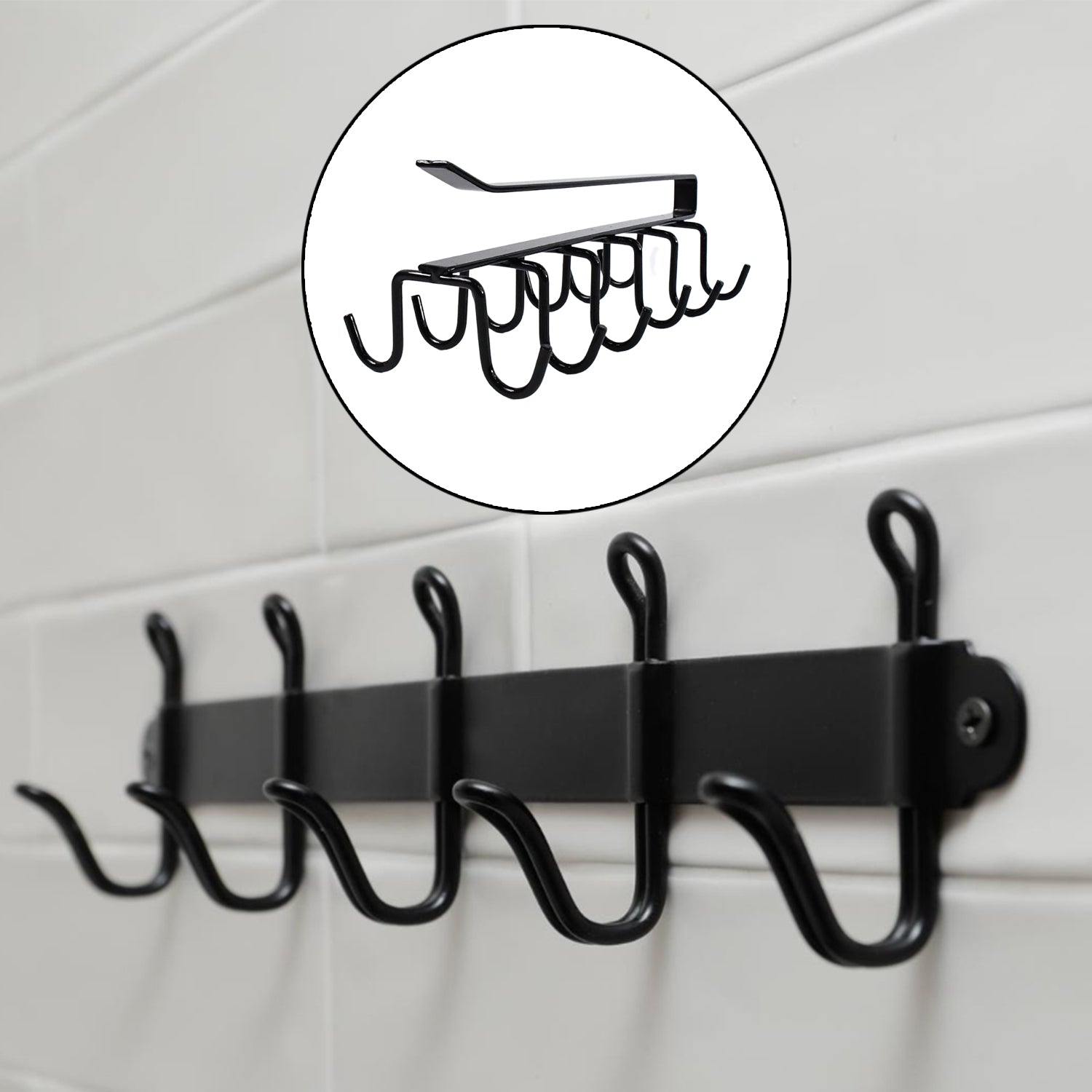 Superior eMart black multi-purpose iron hanger hooks mounted on white tiled wall for organizing items