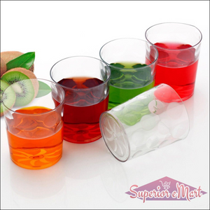 Colorful unbreakable drinking glasses set featuring various vibrant beverages for outdoor use