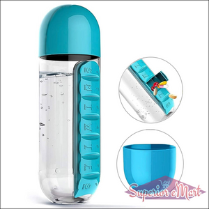 Travel pill water bottle with detachable pill organizer and sleek blue design for on-the-go hydration