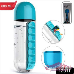Travel pill water bottle with seven compartments for organizing daily medications and 600 ml capacity