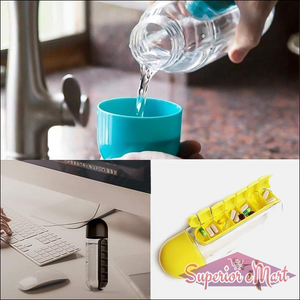 Travel pill water bottle in use, pouring water into cup on kitchen counter