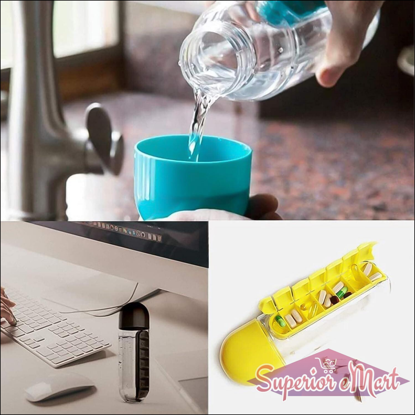 Travel pill water bottle in use, pouring water into cup on kitchen counter