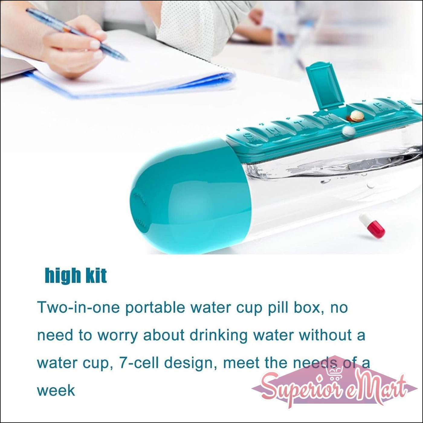Travel pill water bottle with dual compartments for medication and hydration on the go