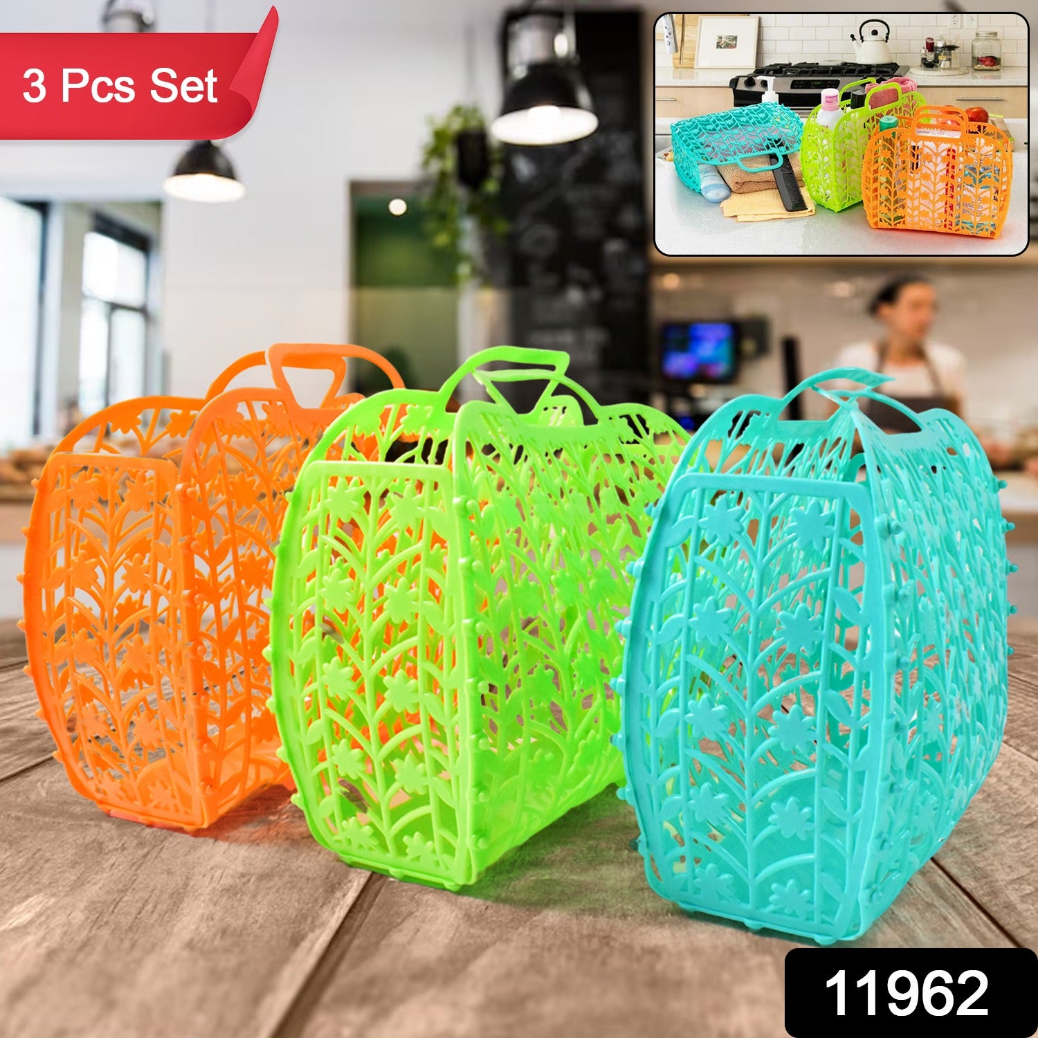 Superior eMart multicolor vegetable storage baskets set of three in orange green and blue on wooden table
