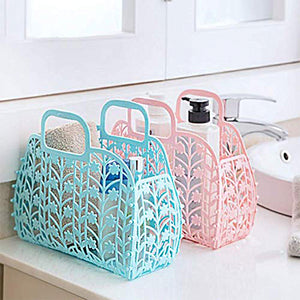 Multicolor vegetable storage baskets with leaf pattern handles holding toiletries on bathroom countertop