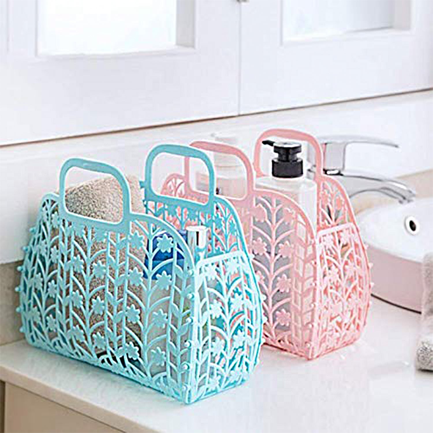 Multicolor vegetable storage baskets with leaf pattern handles holding toiletries on bathroom countertop