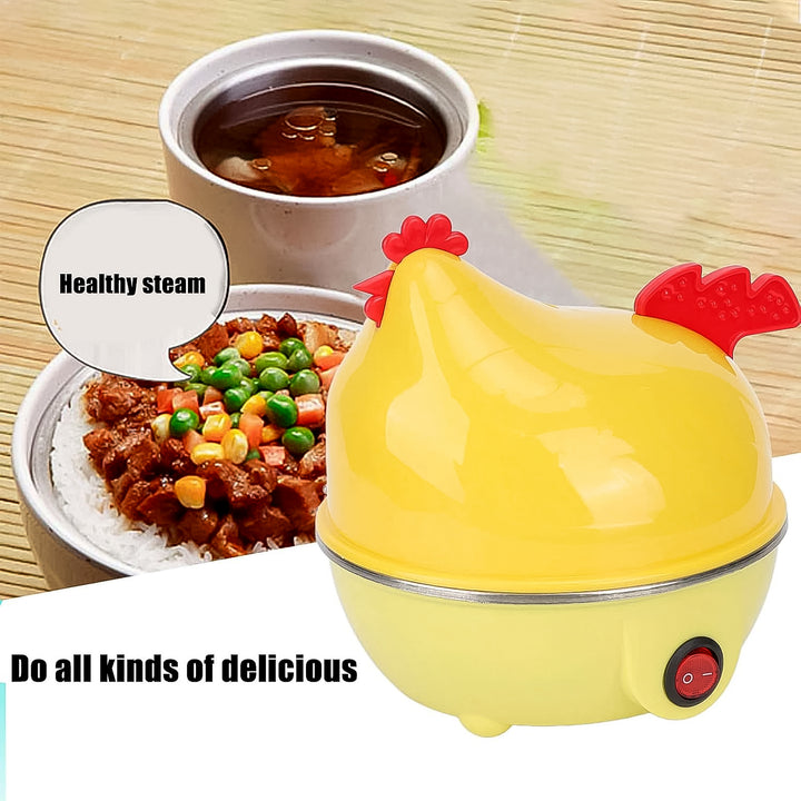 Chicken-shaped egg cooker in bright yellow with a red comb for healthy steaming and cooking