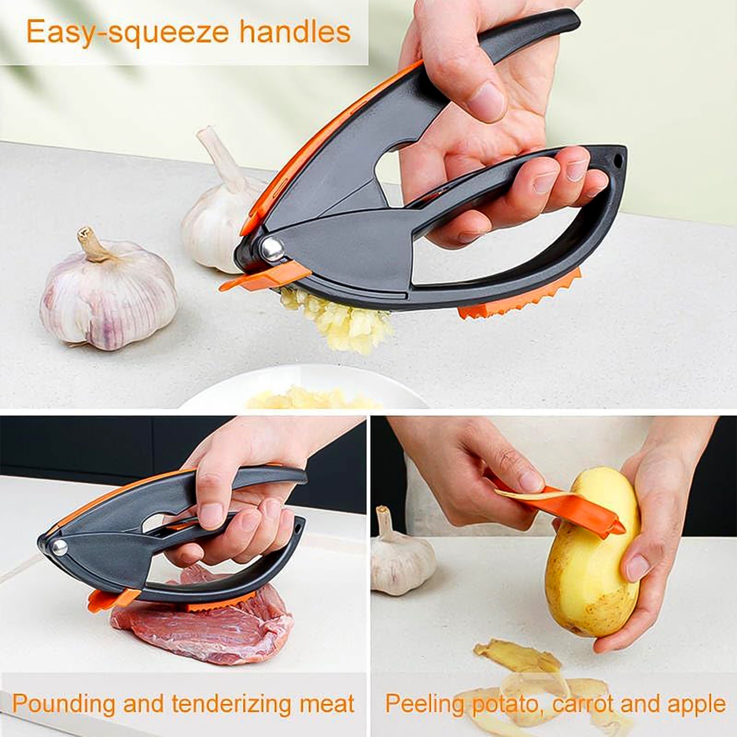 Superior eMart multifunctional garlic press with easy-squeeze handles for mincing garlic, pounding meat, and peeling vegetables